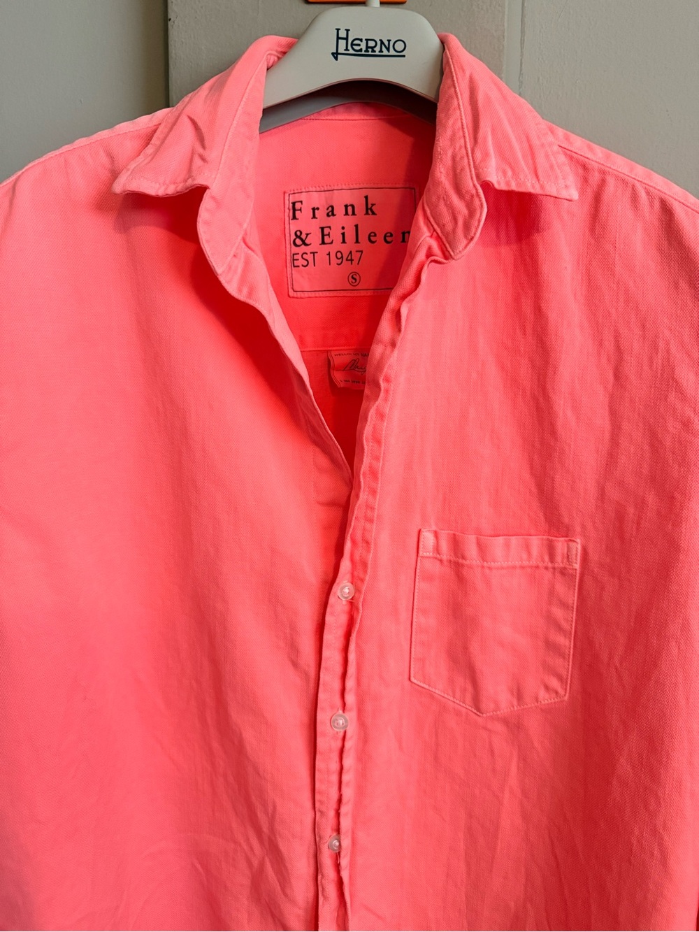 Mary Distressed Denim Shirtdress Neon Coral Frank & Eileen S - Picture 10 of 15